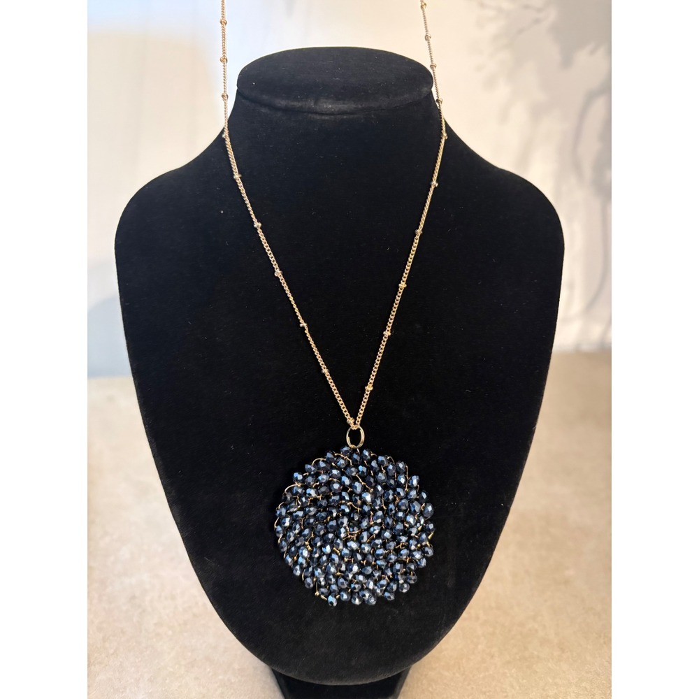 Navy Blue Beaded Spiral Pendant Long Gold‎ Tone Chain Necklace Statement Jewelry